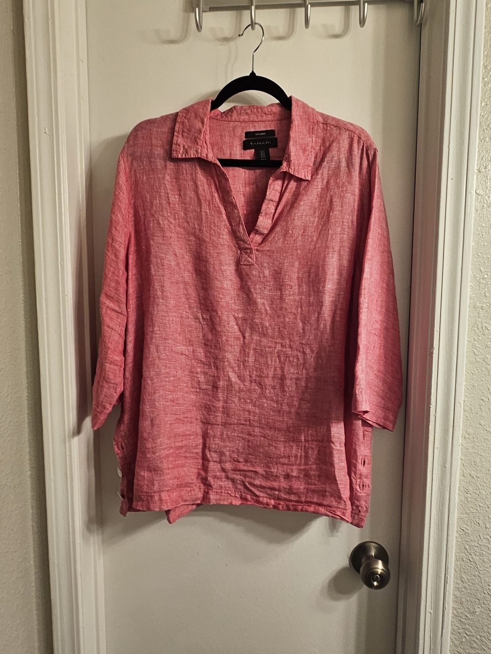 Taharu Lightweight Washed Red Linen Tunic Top With Side Buttons Size 1X